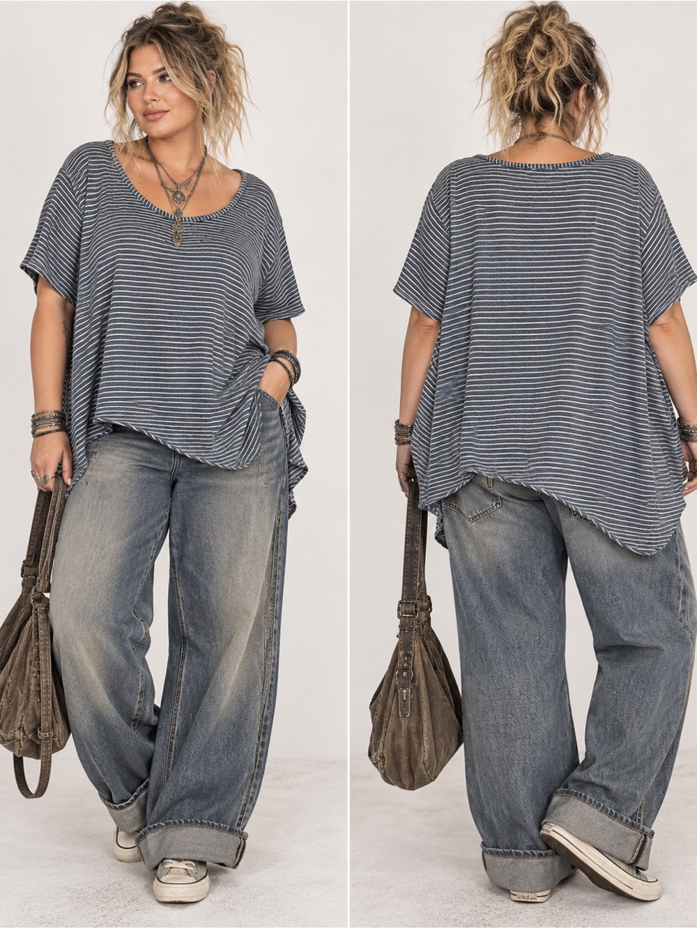 Jane and Delancey Striped Scoop Neck Lagenlook Tunic in Gray & White 3X